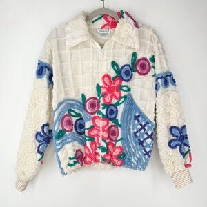 Vintage Damze Handcrafted Chenille Tufted Cream Multi Color Zip Up Jacket Large